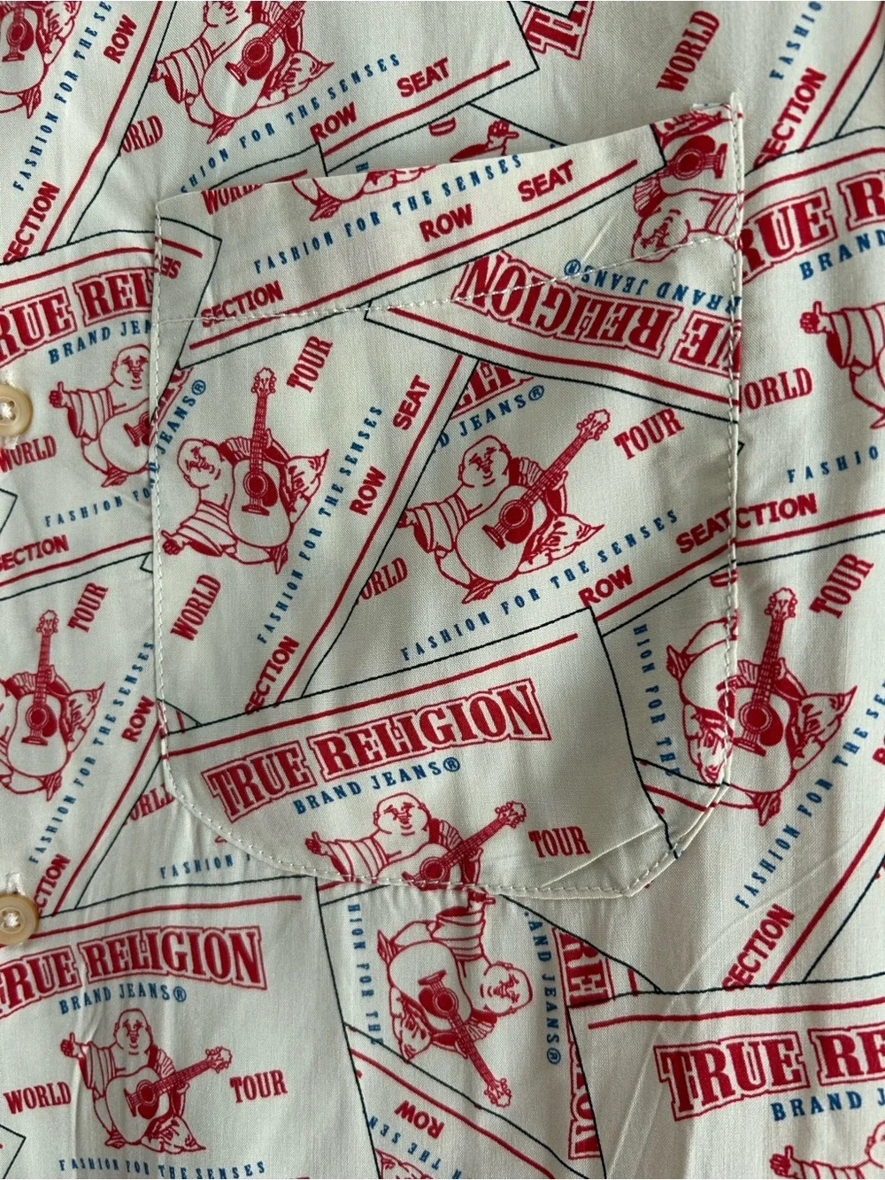 True Religion Button Up Shirt Men's Size S Beige Resort Print Resortwear Buddha